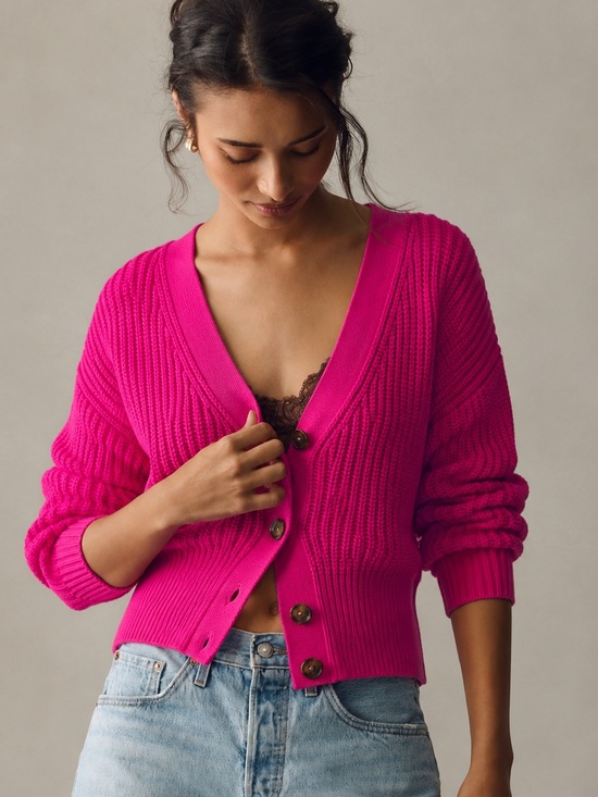 Maeve Sweaters - Anthropologie Maeve Hot Pink Chunky Knit Cropped Cardigan Sweater